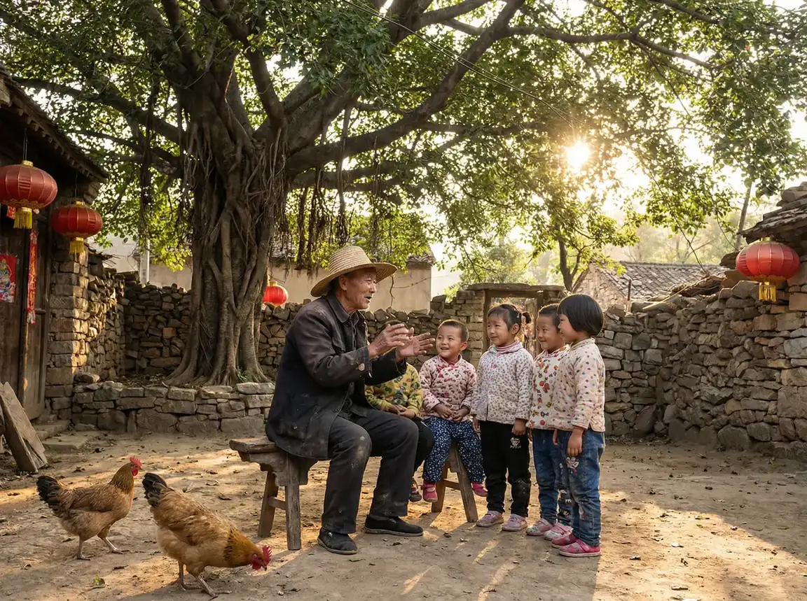 老人在大榕树下给孩子们讲故事 - sm调教视频 乡村记忆